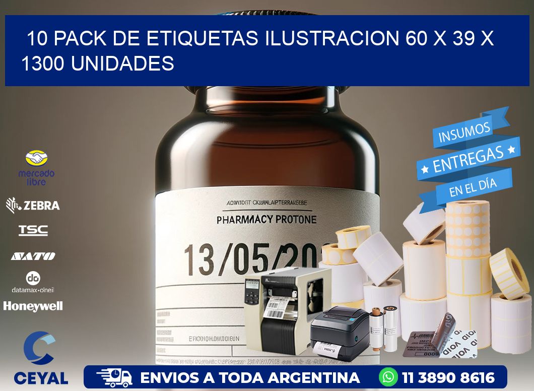 10 PACK DE ETIQUETAS ILUSTRACION 60 x 39 X 1300 UNIDADES