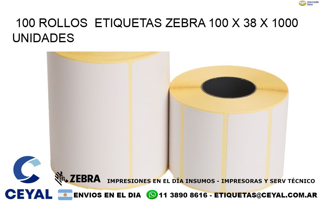 100 ROLLOS  ETIQUETAS ZEBRA 100 x 38 X 1000 UNIDADES