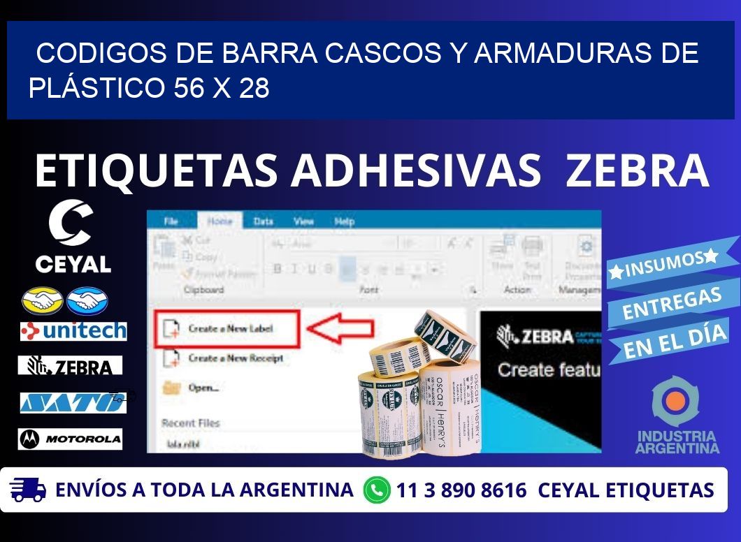 CODIGOS DE BARRA CASCOS Y ARMADURAS DE PLÁSTICO 56 x 28