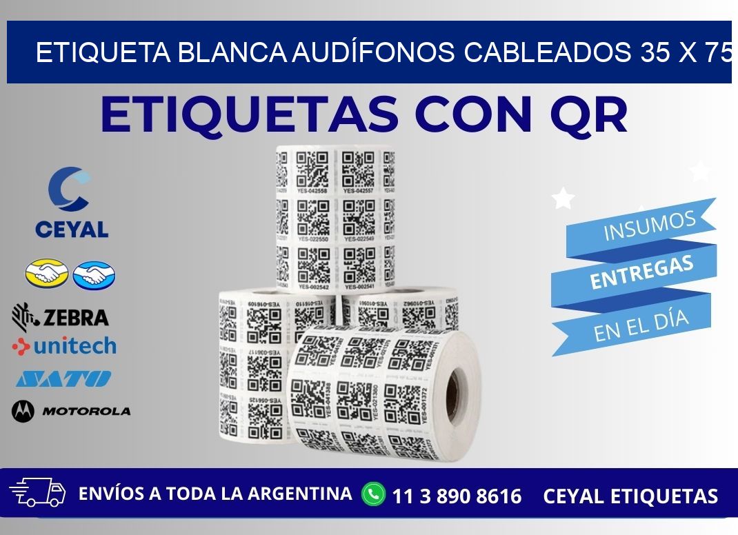 ETIQUETA BLANCA AUDÍFONOS CABLEADOS 35 x 75