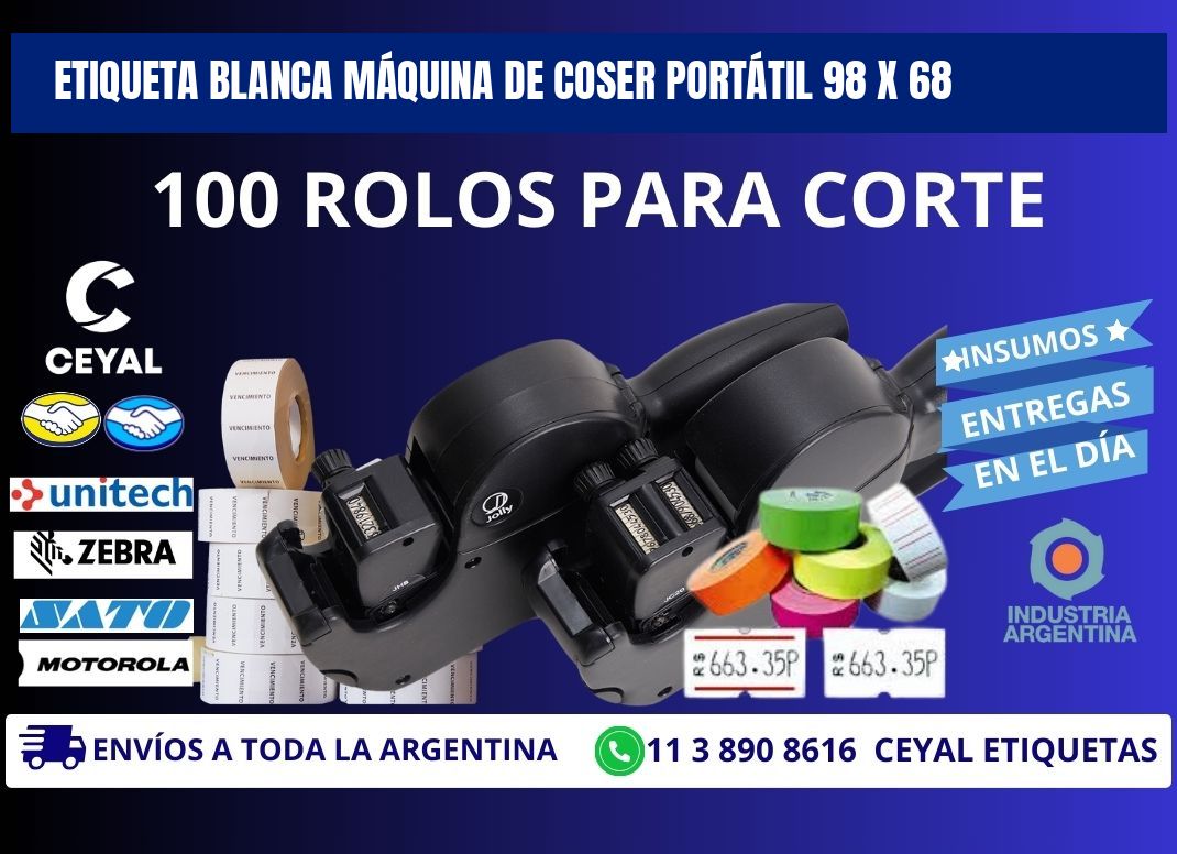 ETIQUETA BLANCA MÁQUINA DE COSER PORTÁTIL 98 x 68