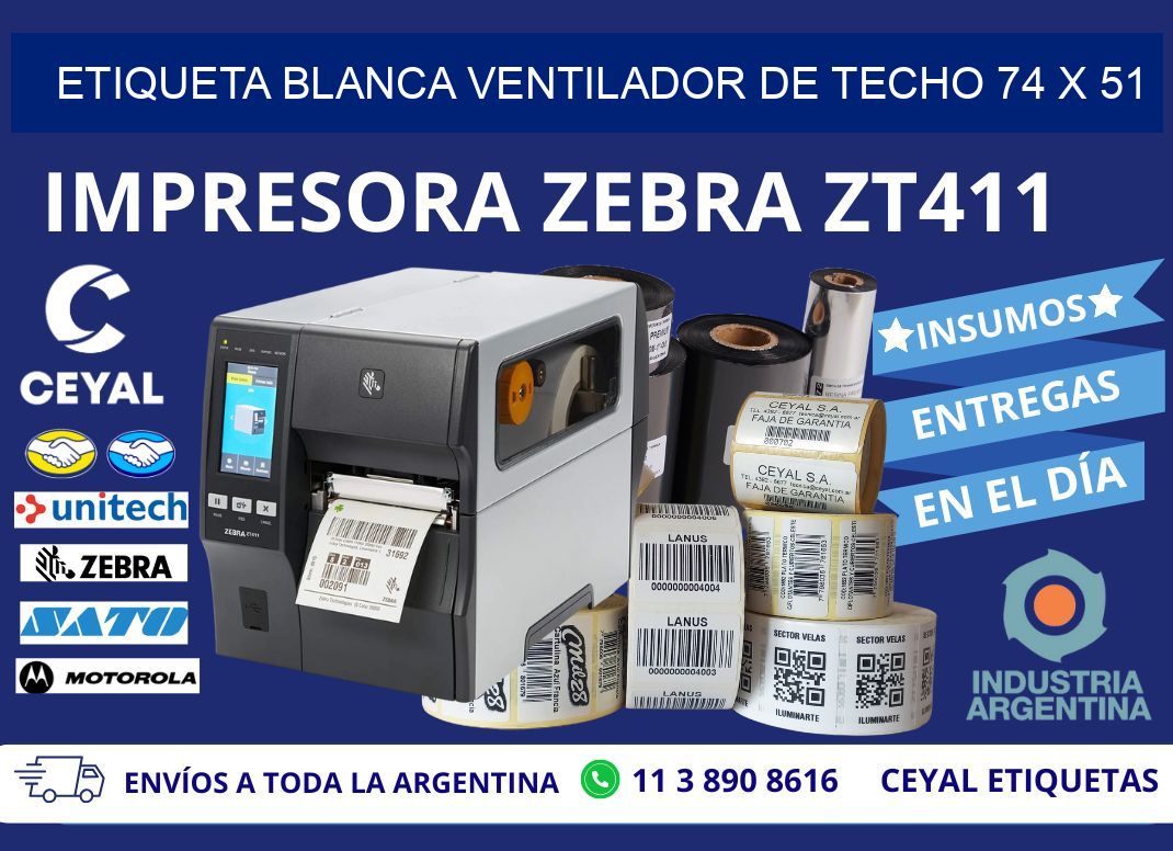 ETIQUETA BLANCA VENTILADOR DE TECHO 74 x 51