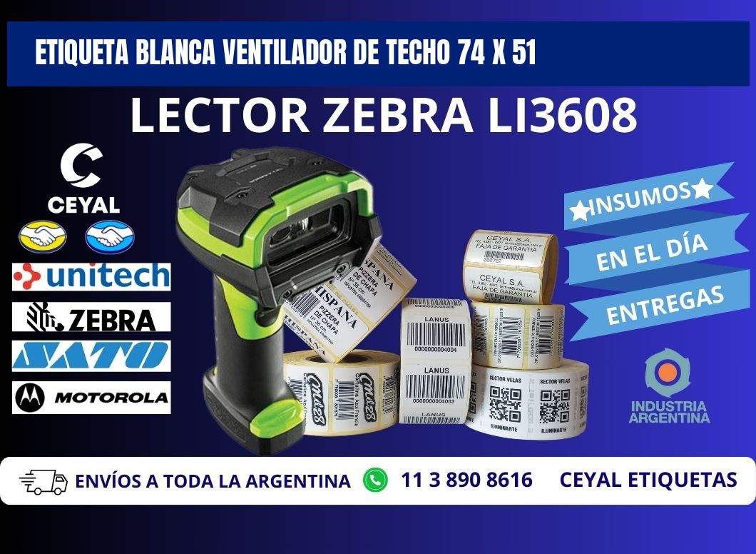 ETIQUETA BLANCA VENTILADOR DE TECHO 74 x 51