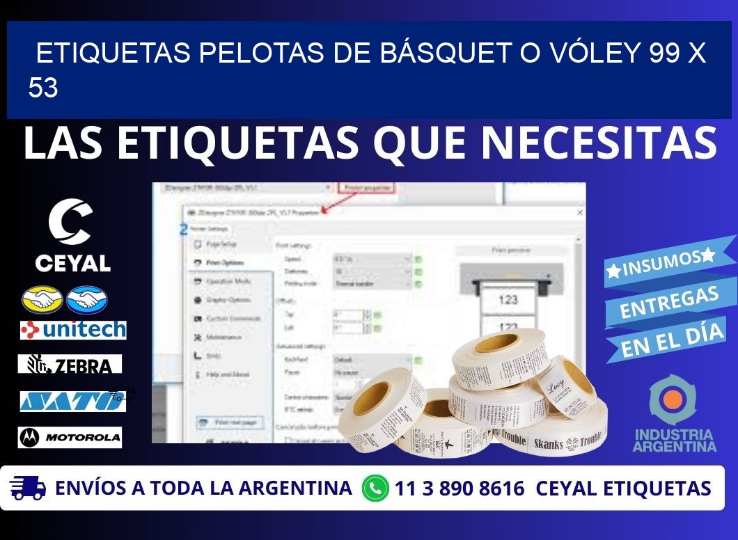 ETIQUETAS PELOTAS DE BÁSQUET O VÓLEY 99 x 53