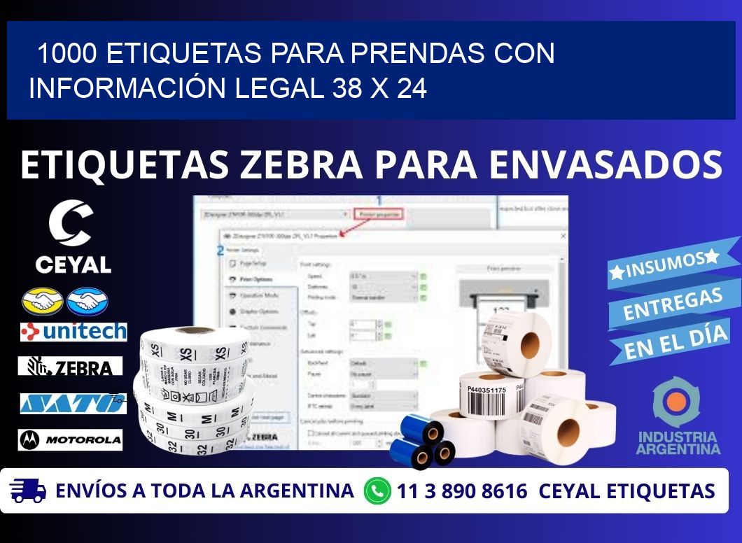 1000 ETIQUETAS PARA PRENDAS CON INFORMACIÓN LEGAL 38 x 24