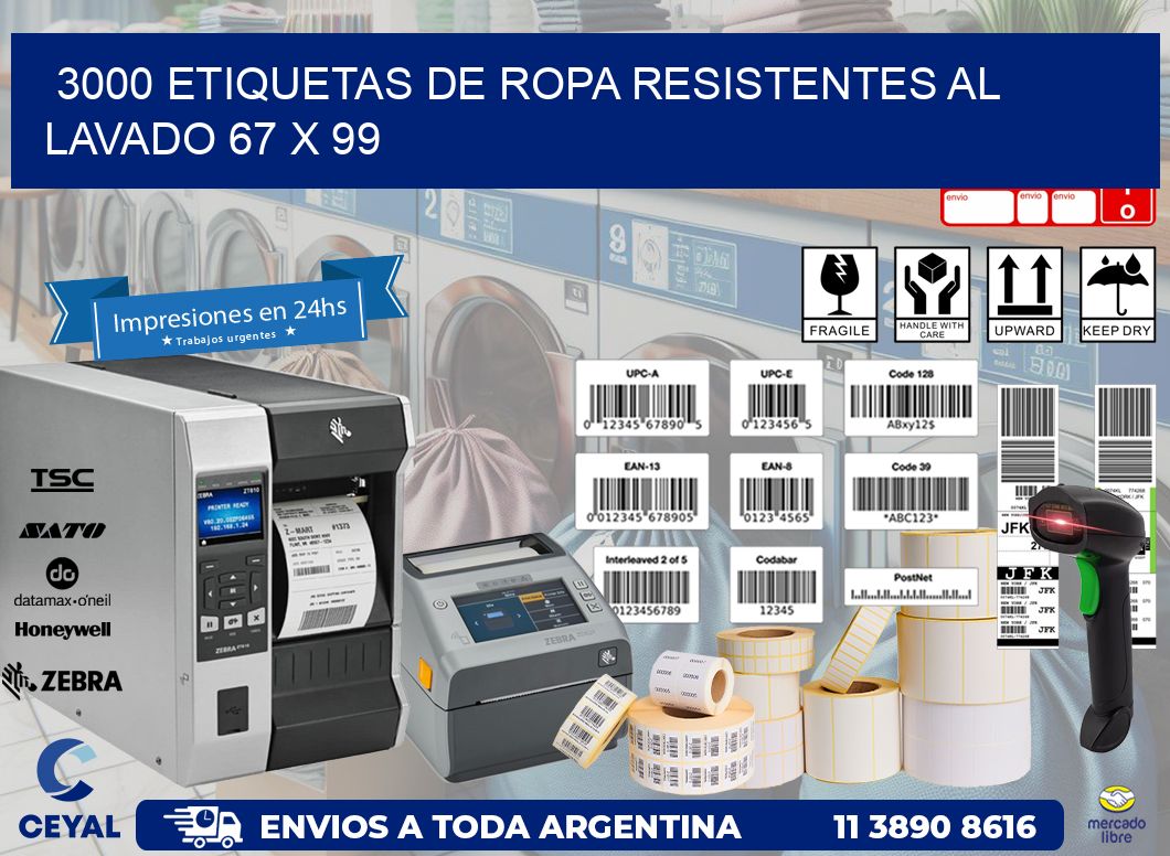 3000 ETIQUETAS DE ROPA RESISTENTES AL LAVADO 67 x 99