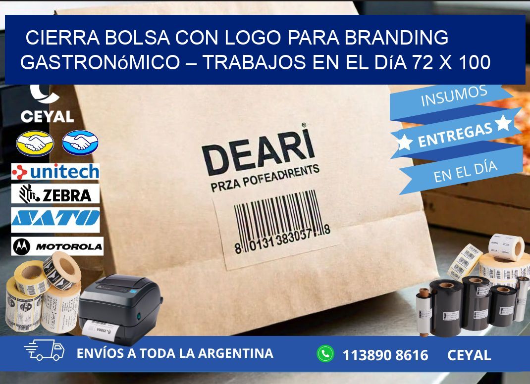 Cierra bolsa con logo para branding gastronómico – Trabajos en el día 72 x 100