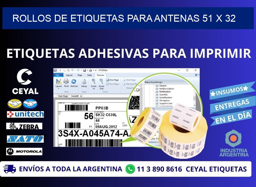 ROLLOS DE ETIQUETAS PARA ANTENAS 51 x 32