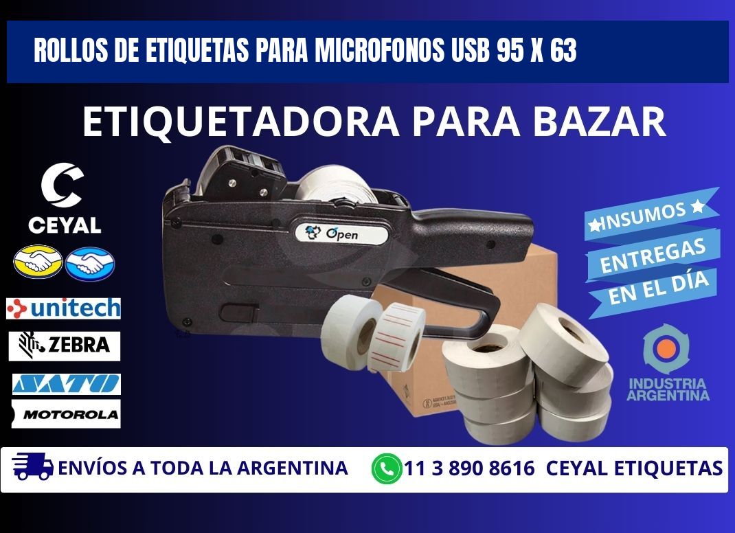 ROLLOS DE ETIQUETAS PARA MICROFONOS USB 95 x 63