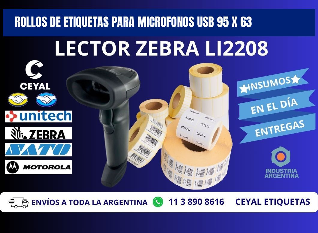 ROLLOS DE ETIQUETAS PARA MICROFONOS USB 95 x 63