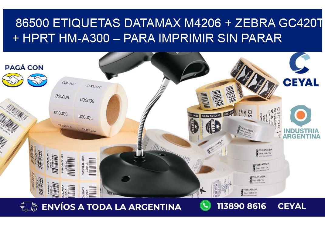 86500 ETIQUETAS Datamax M4206 + Zebra GC420T + HPRT HM-A300 – Para imprimir sin parar